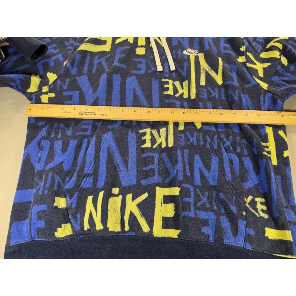 Nike Sportswear All Over Print Graffiti Logo Hoodie Navy Blue Neon Yellow Mens M